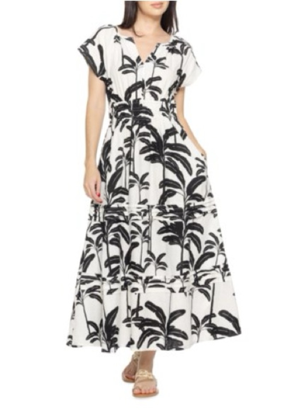 Tahari Black and White Palm-Print Maxi Dress